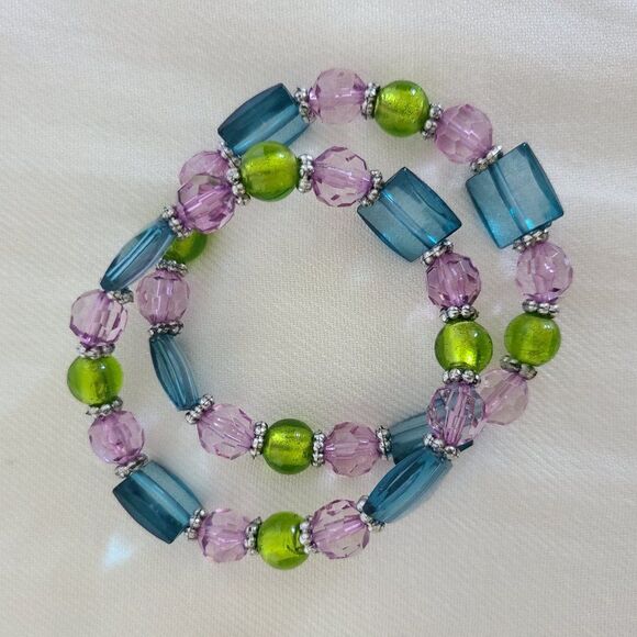 Beautiful Stretch Beaded Bracelet Pair In Purple Turquoise and Green W/ Spacers - Picture 2 of 10